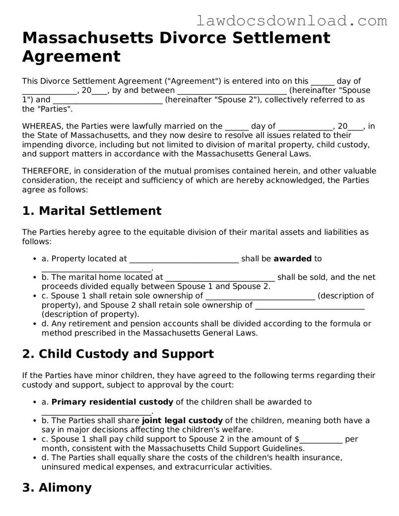 Legal Massachusetts Divorce Settlement Agreement Form