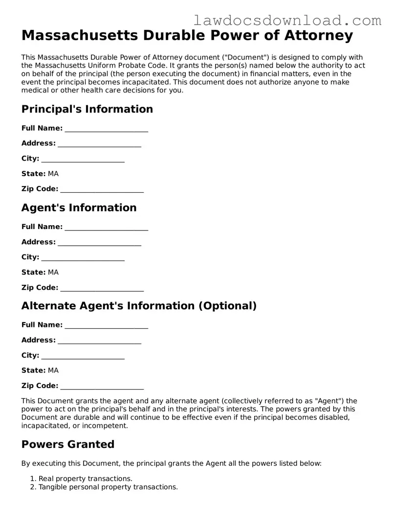 Legal Massachusetts Durable Power of Attorney Form