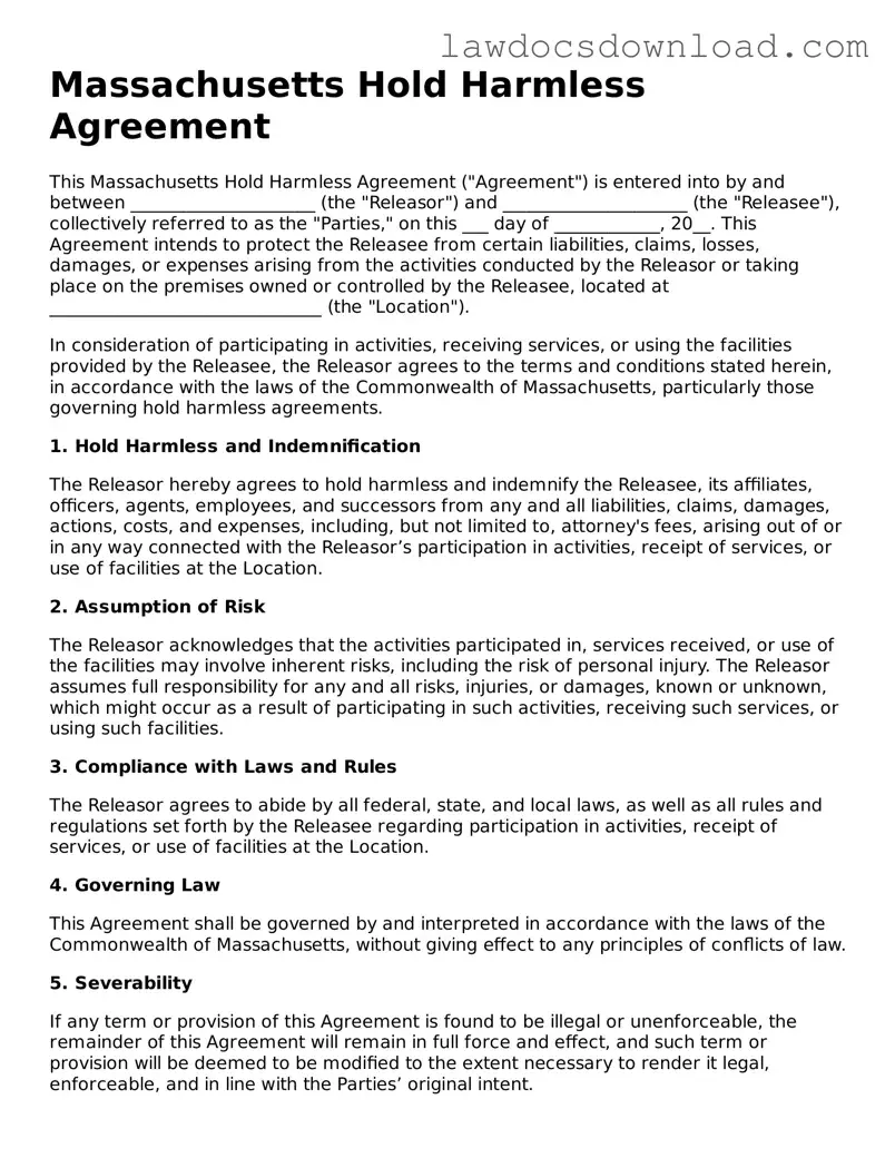 Legal Massachusetts Hold Harmless Agreement Form