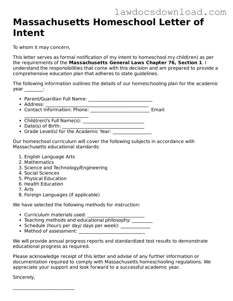 Legal Massachusetts Homeschool Letter of Intent Form
