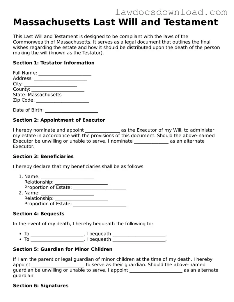 Legal Massachusetts Last Will and Testament Form