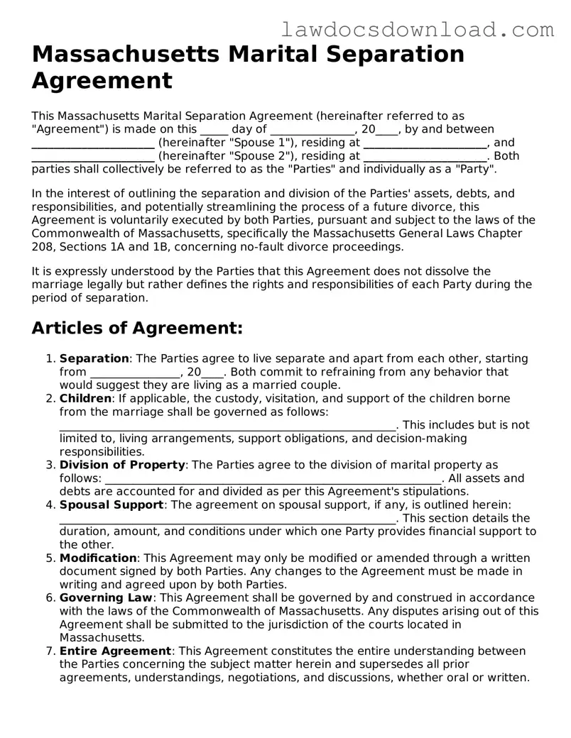 Legal Massachusetts Marital Separation Agreement Form