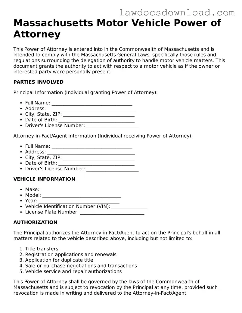 Legal Massachusetts Motor Vehicle Power of Attorney Form