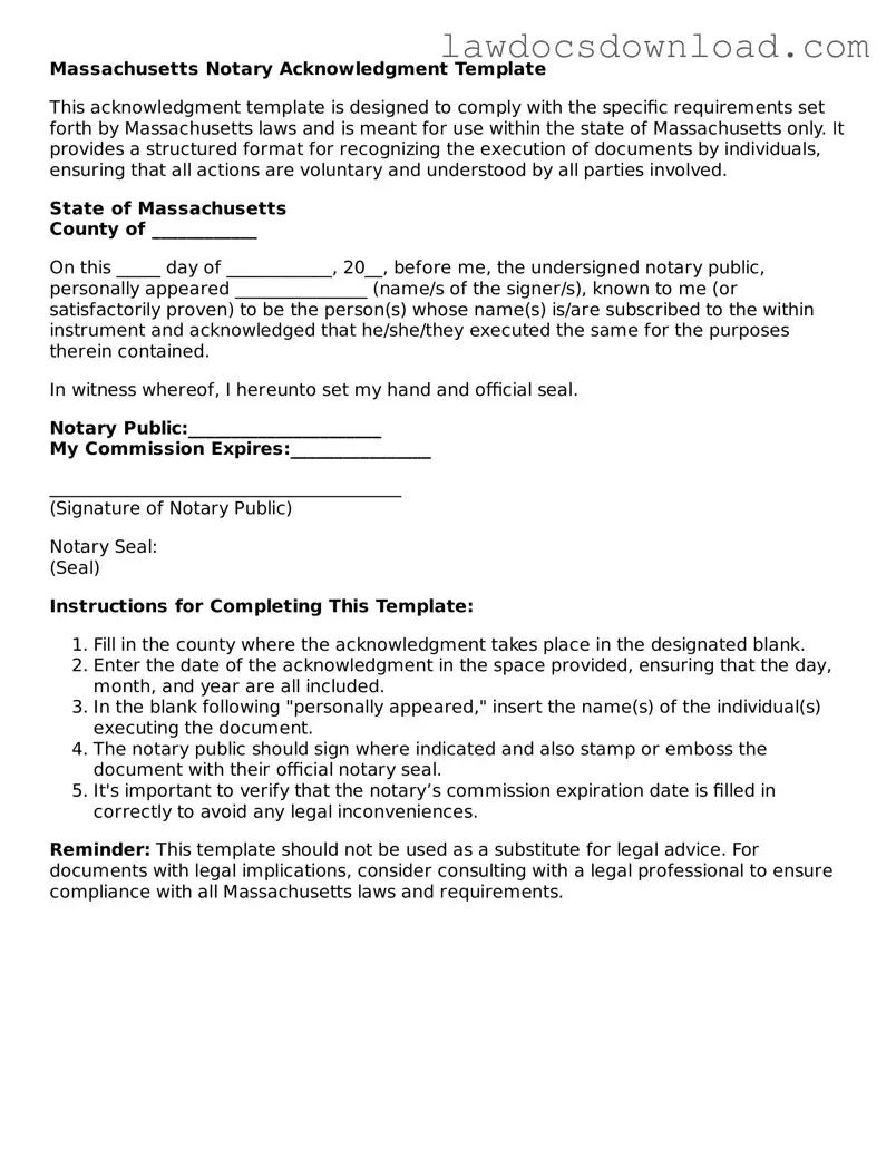 Legal Massachusetts Notary Acknowledgement Form
