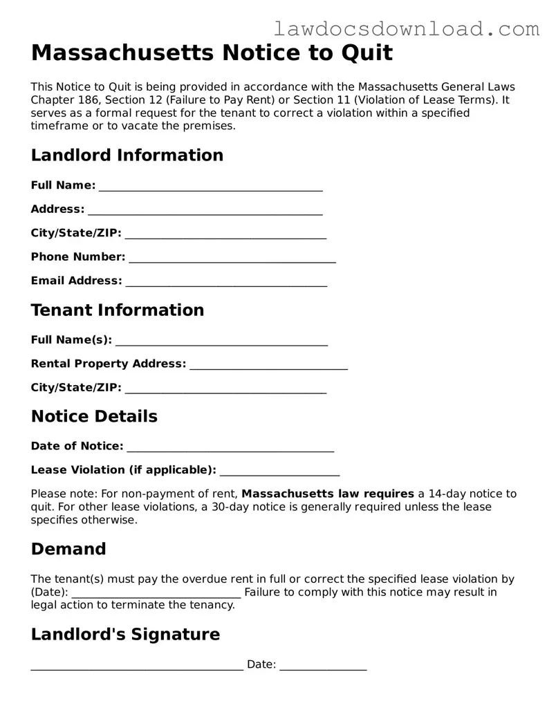 Legal Massachusetts Notice to Quit Form