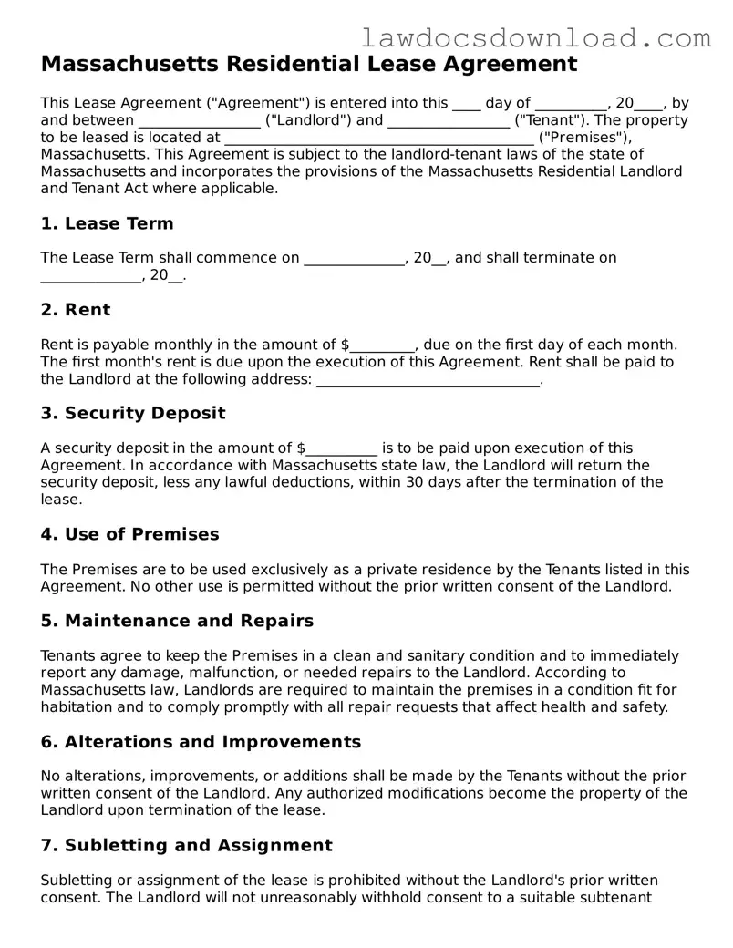 Legal Massachusetts Residential Lease Agreement Form