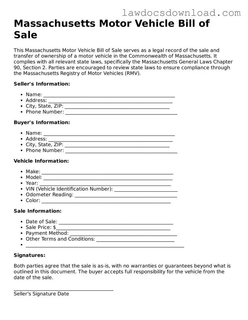 Legal Massachusetts Motor Vehicle Bill of Sale Form