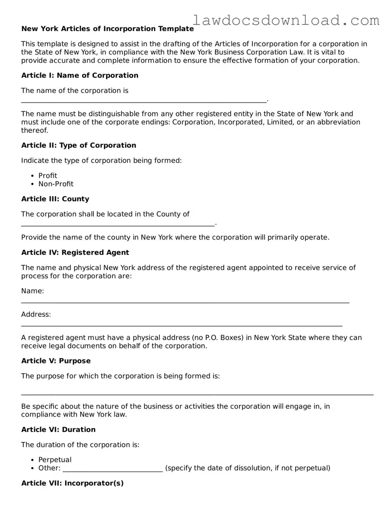 Legal New York Articles of Incorporation Form
