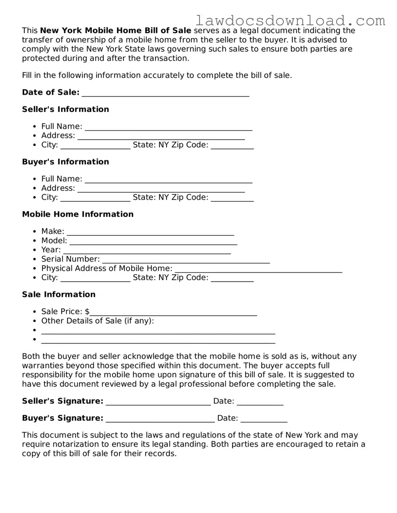 Legal New York Mobile Home Bill of Sale Form