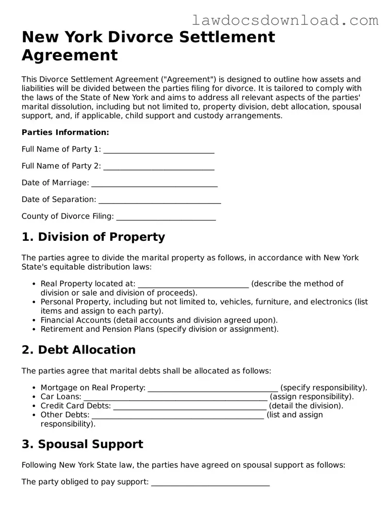Legal New York Divorce Settlement Agreement Form