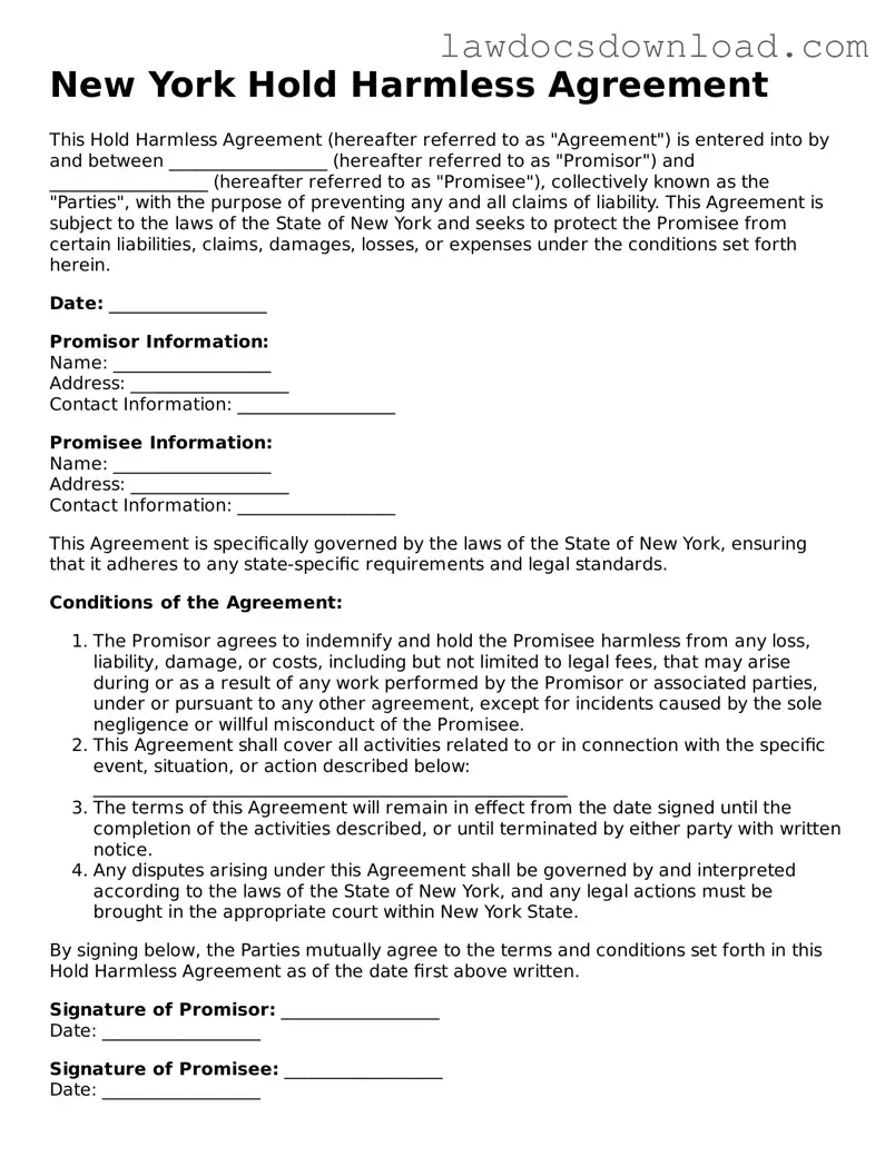 Legal New York Hold Harmless Agreement Form