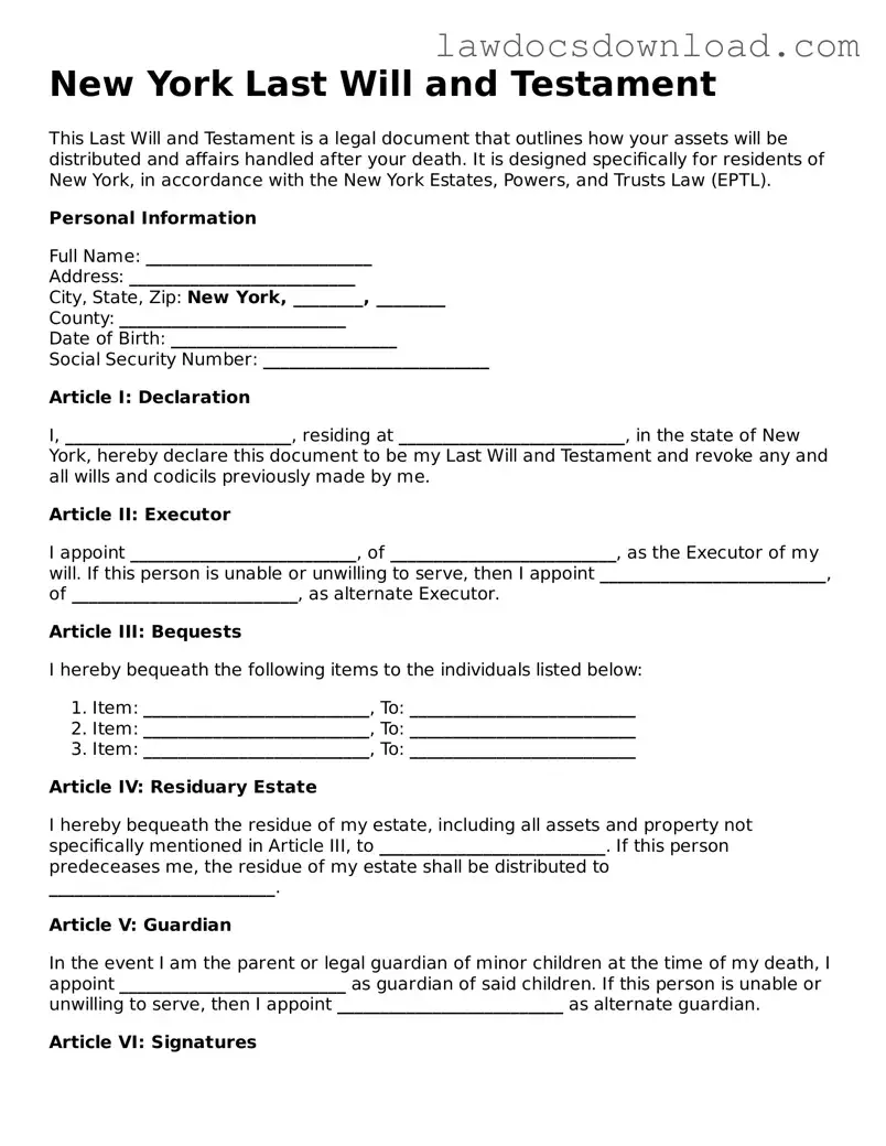 Legal New York Last Will and Testament Form