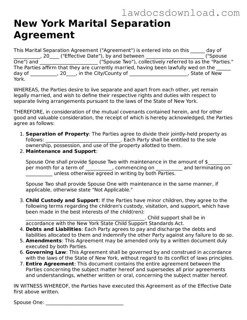 Legal New York Marital Separation Agreement Form