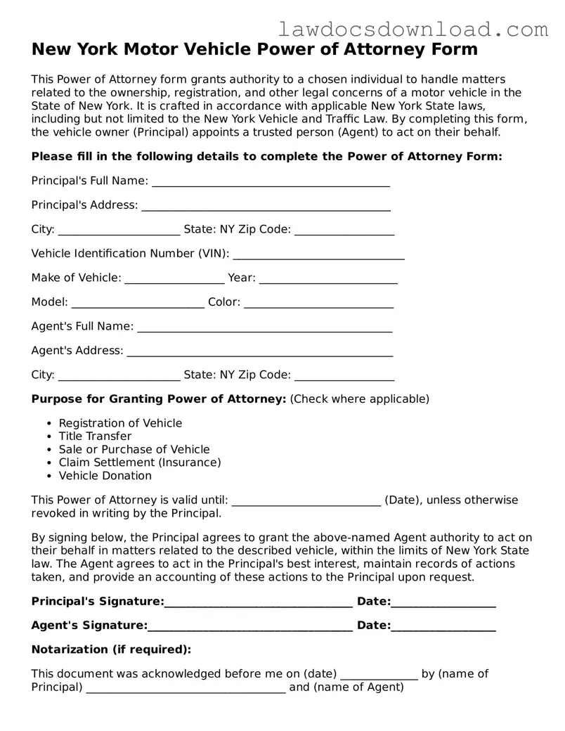 Legal New York Motor Vehicle Power of Attorney Form