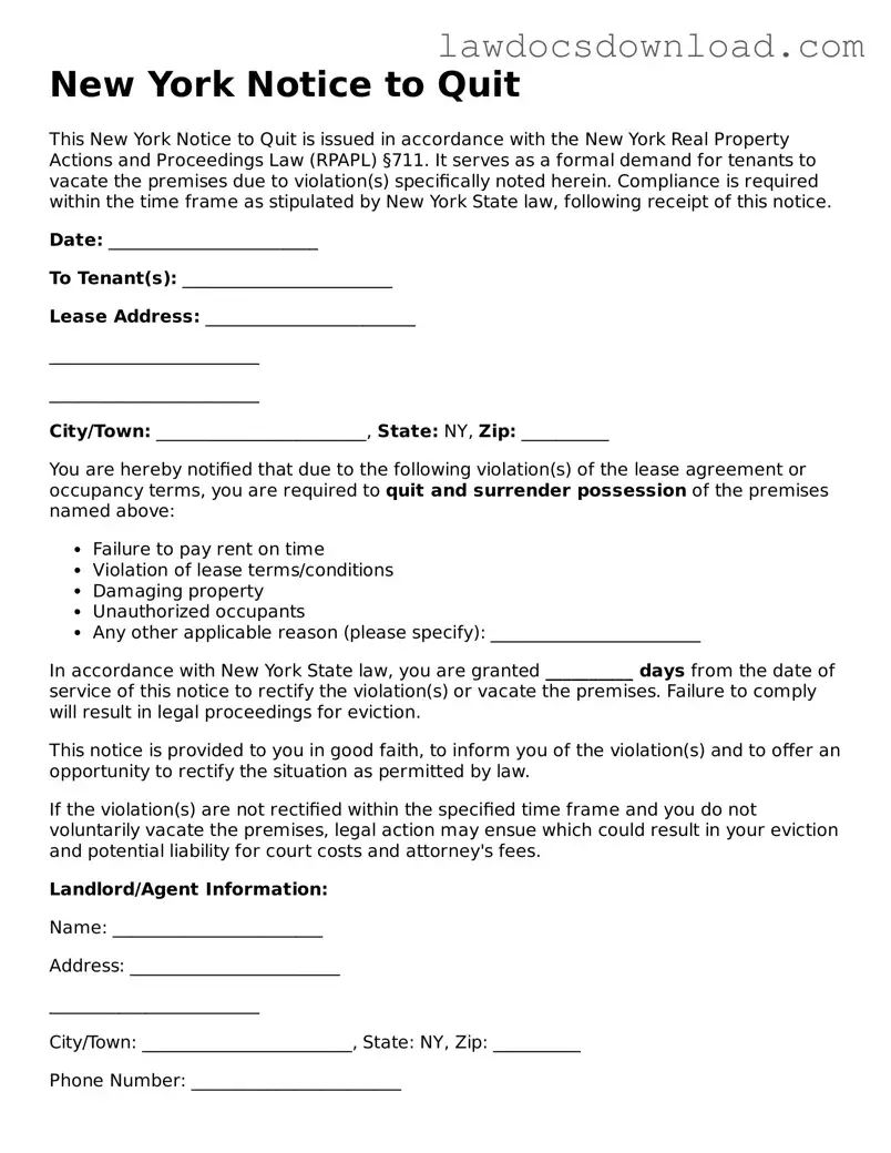 Legal New York Notice to Quit Form