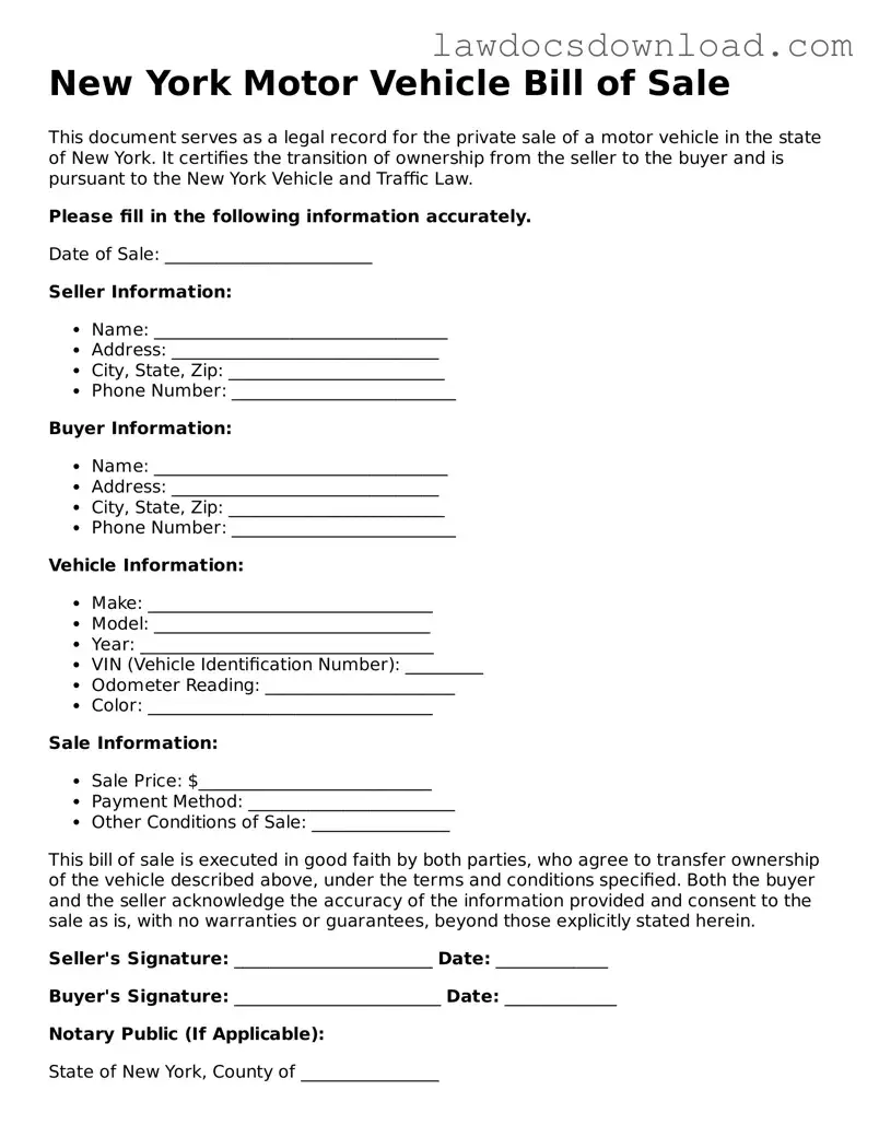 Legal New York Motor Vehicle Bill of Sale Form