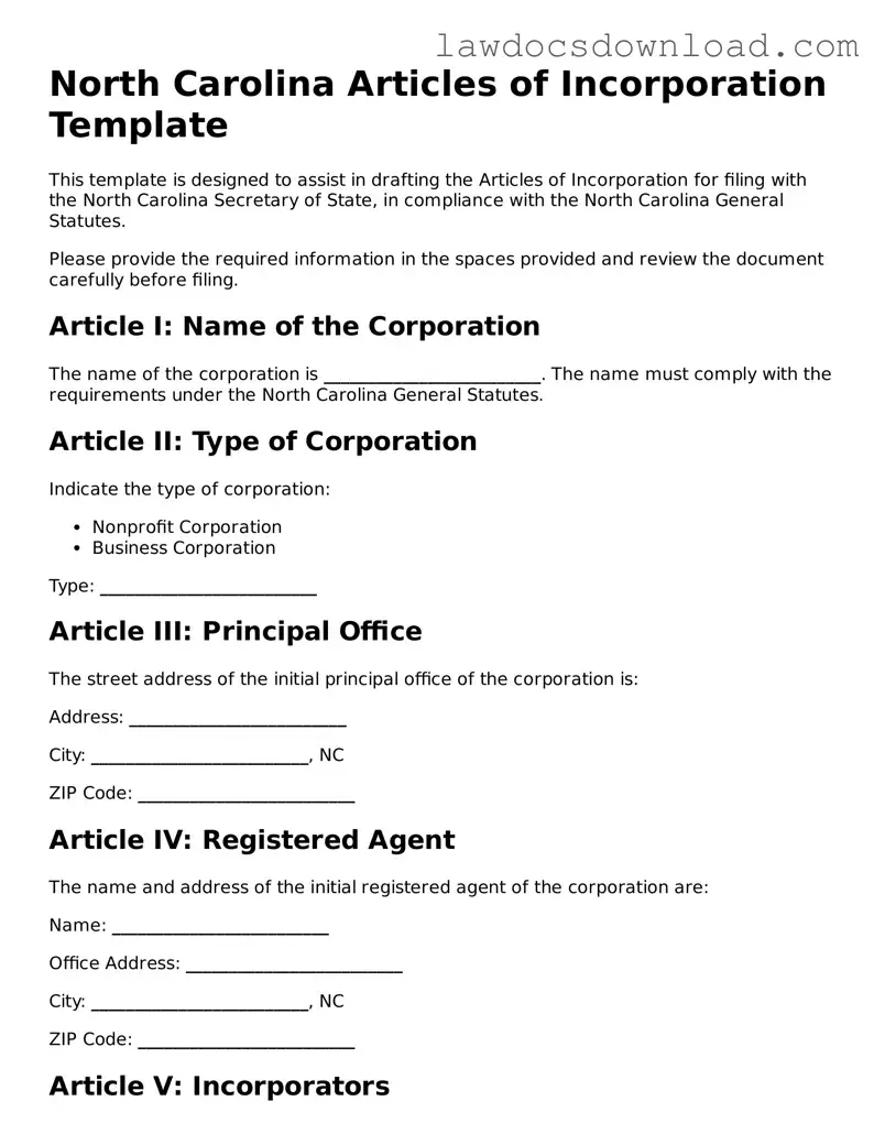 Legal North Carolina Articles of Incorporation Form