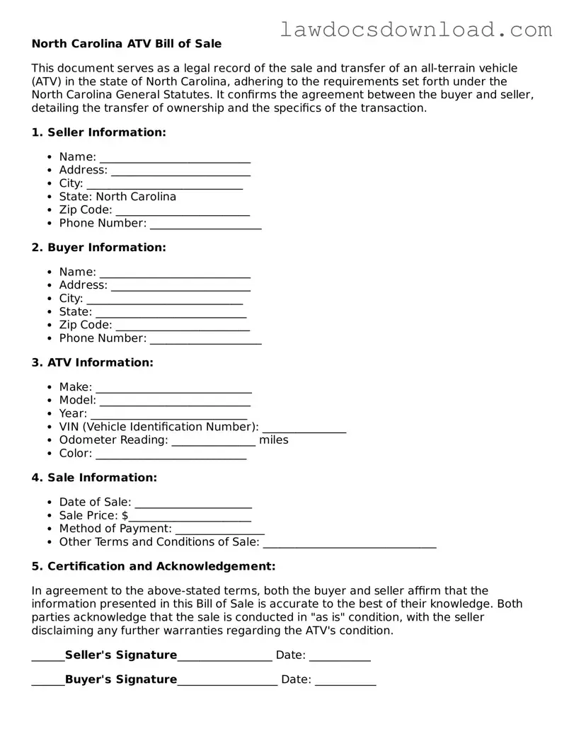 Legal North Carolina ATV Bill of Sale Form