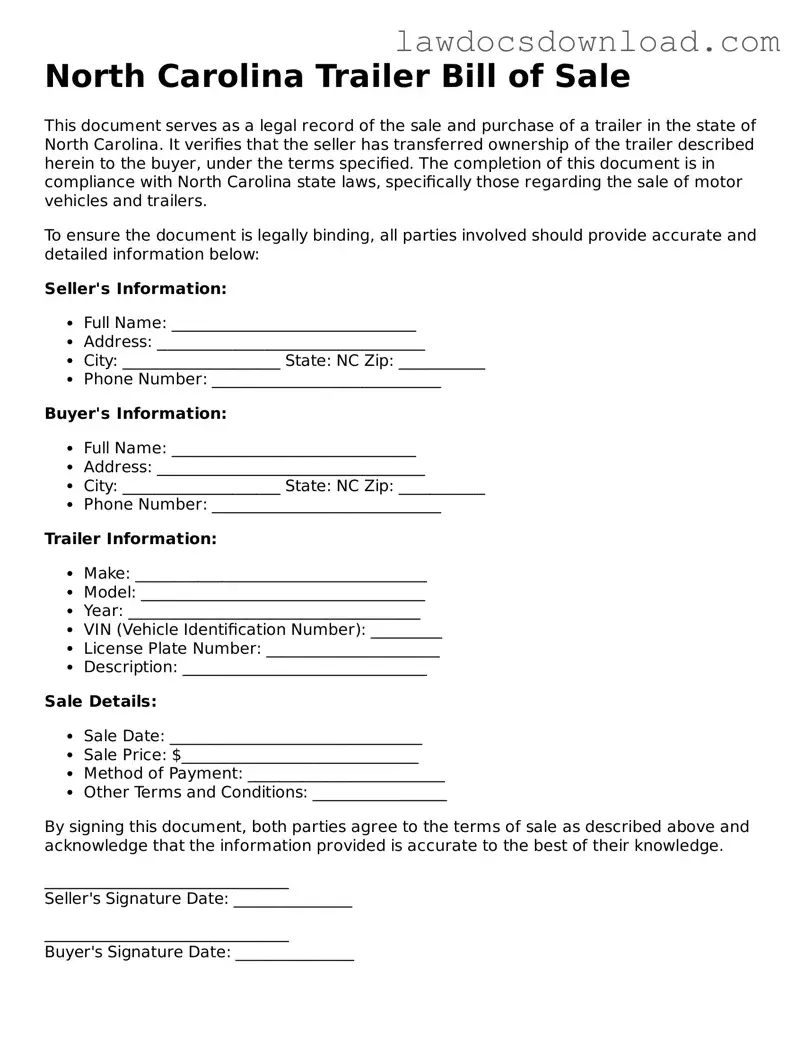 Legal North Carolina Trailer Bill of Sale Form