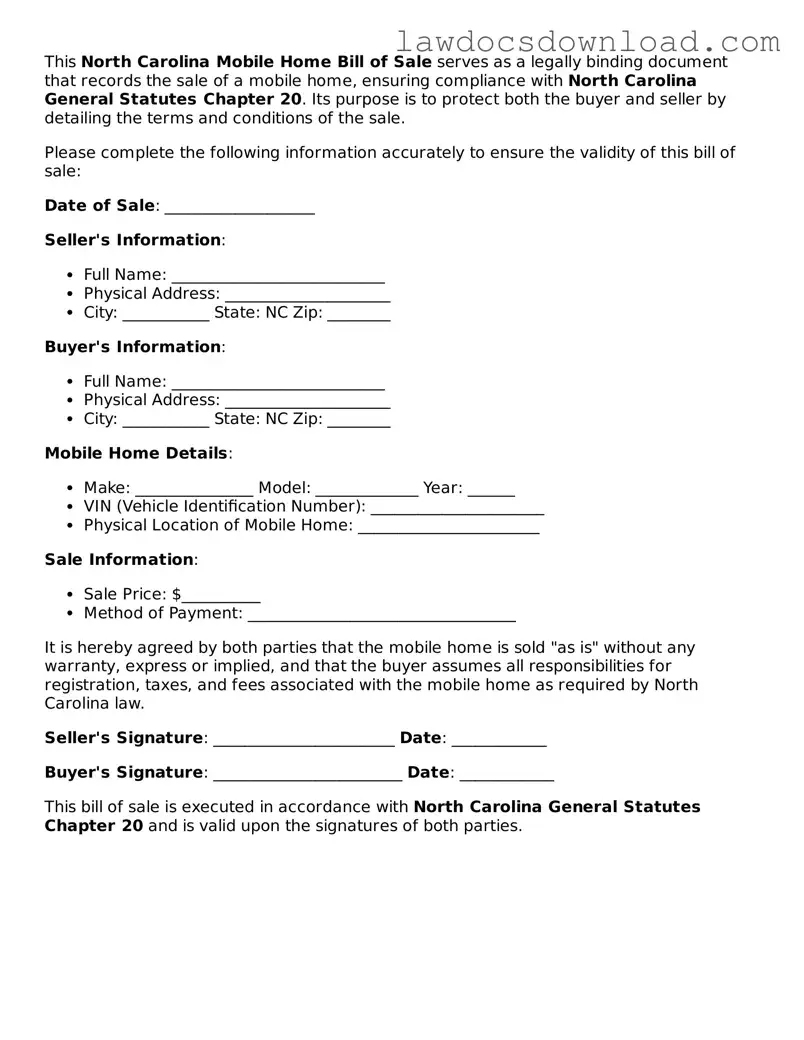 Legal North Carolina Mobile Home Bill of Sale Form