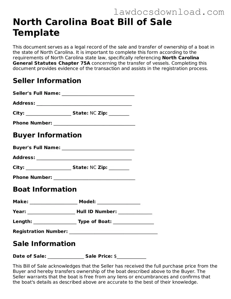 Legal North Carolina Boat Bill of Sale Form