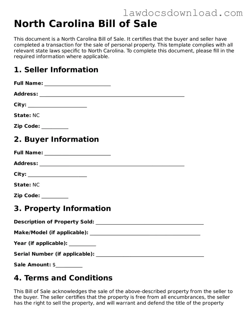 Legal North Carolina Bill of Sale Form