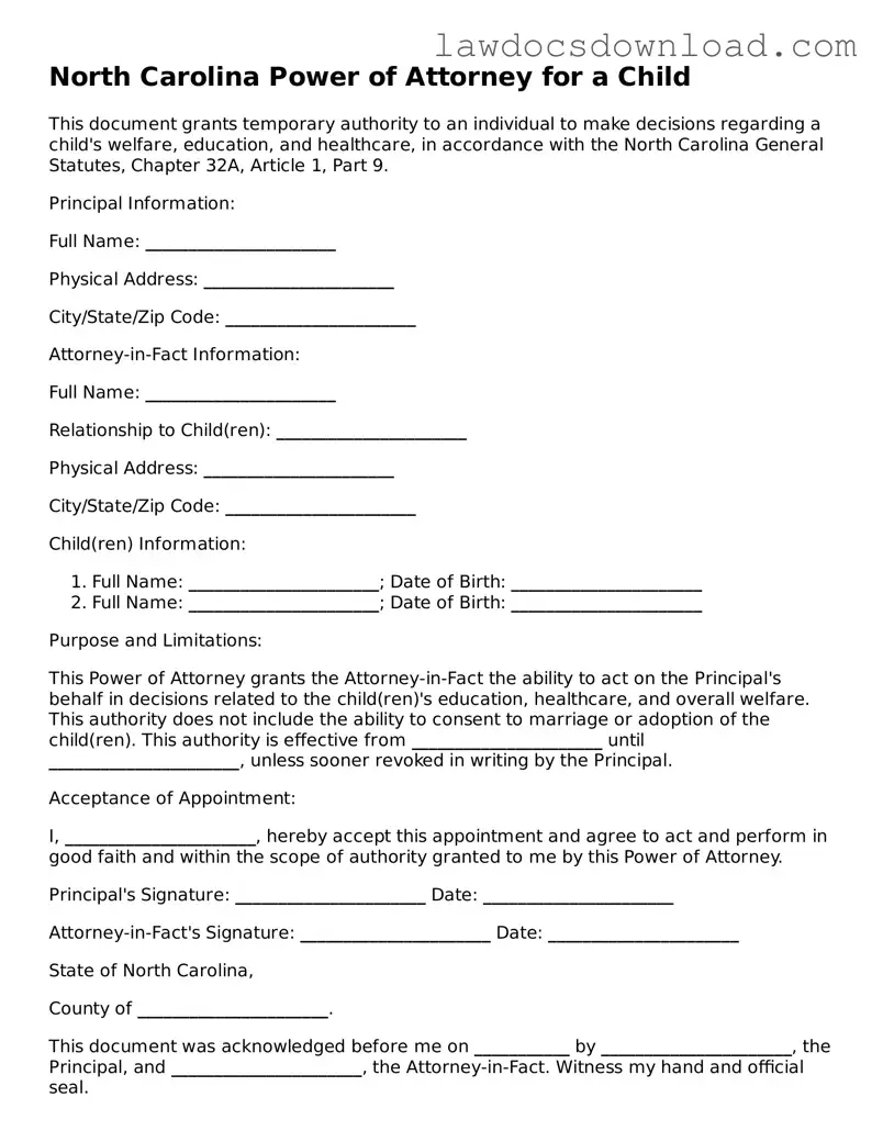 Legal North Carolina Power of Attorney for a Child Form