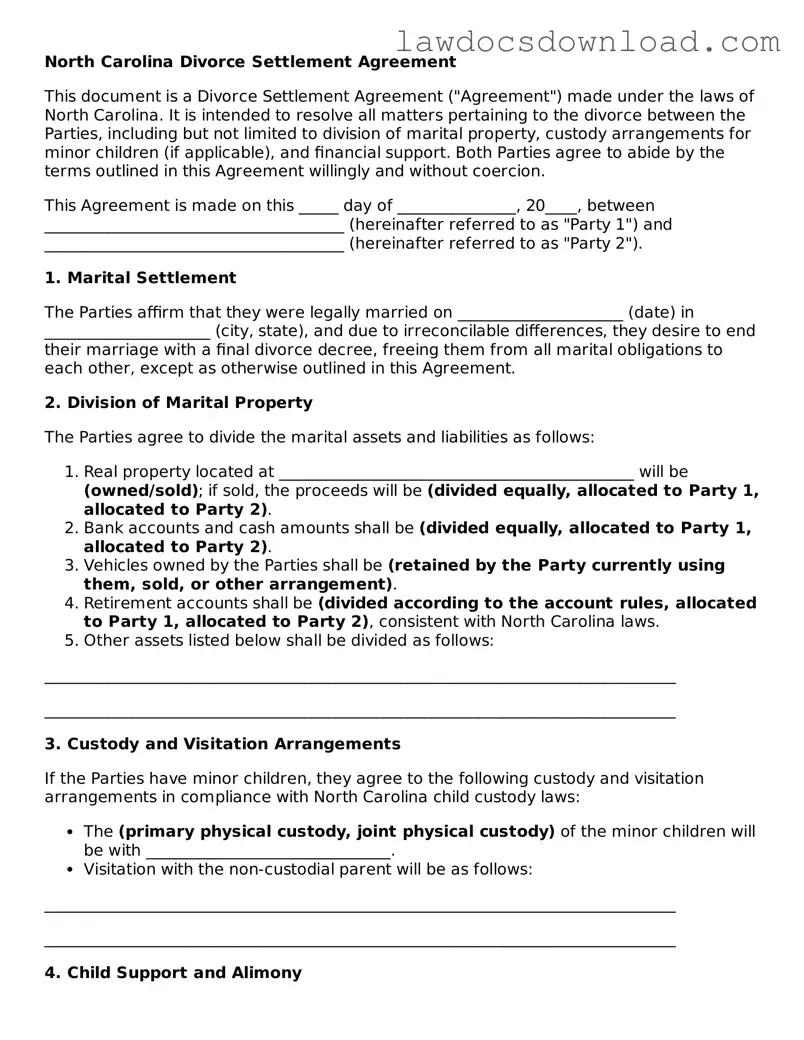 Legal North Carolina Divorce Settlement Agreement Form