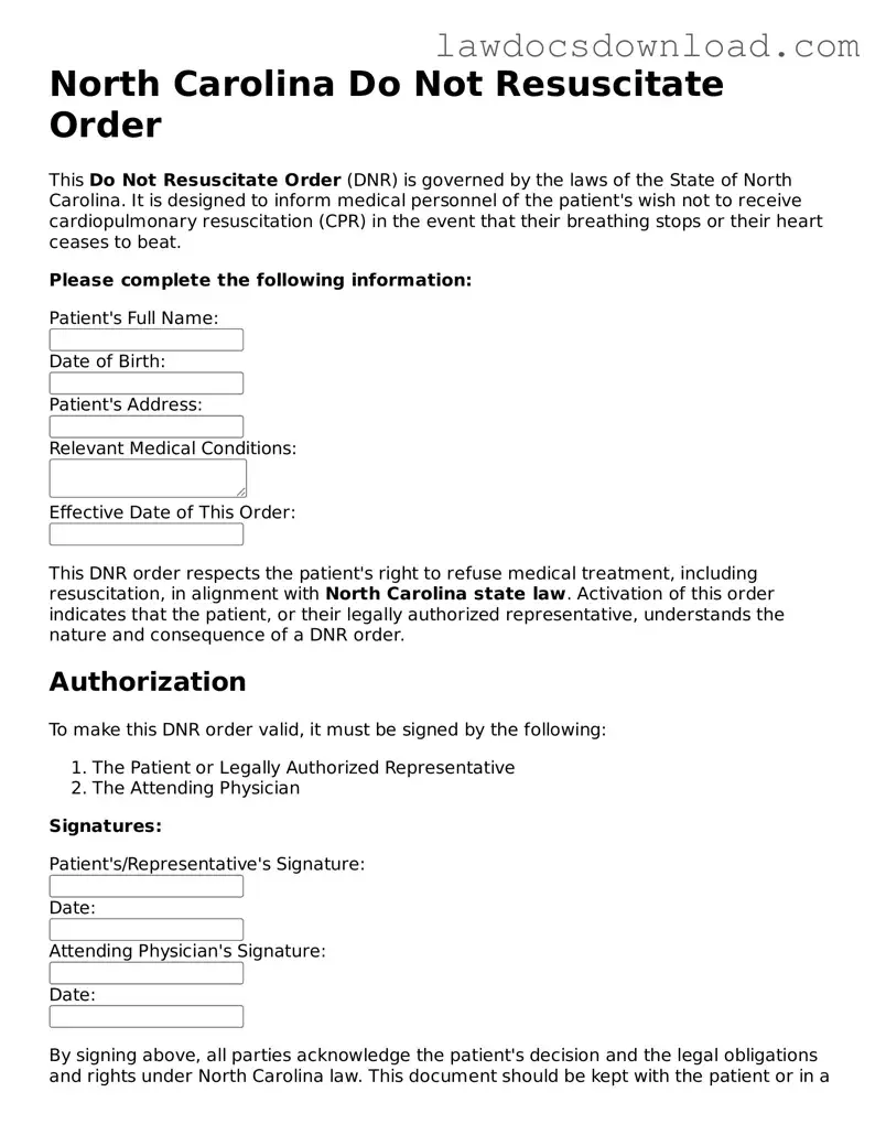 Legal North Carolina Do Not Resuscitate Order Form
