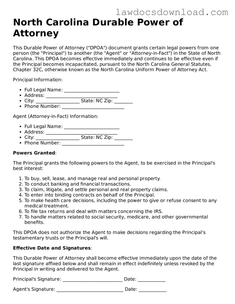 Legal North Carolina Durable Power of Attorney Form