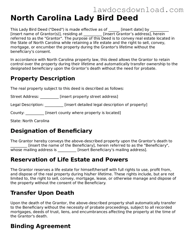 Legal North Carolina Lady Bird Deed Form