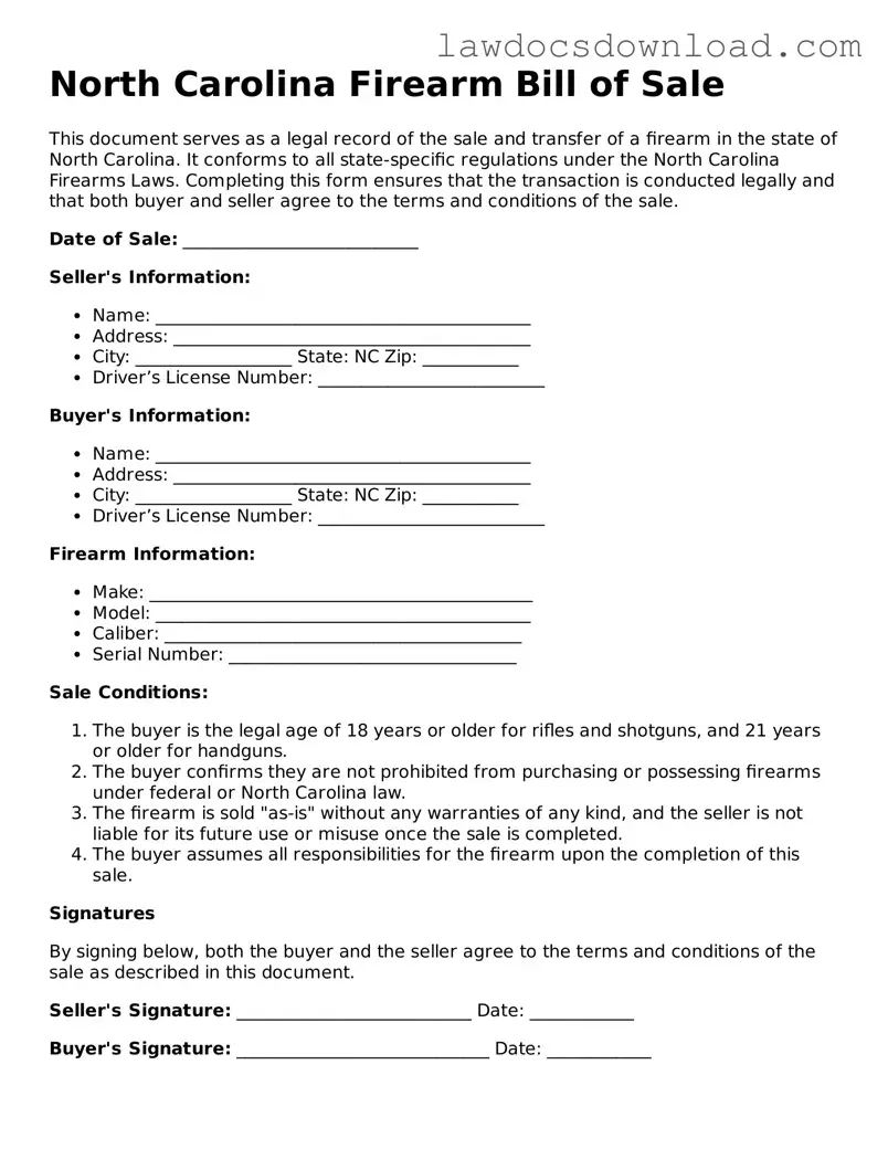 Legal North Carolina Firearm Bill of Sale Form