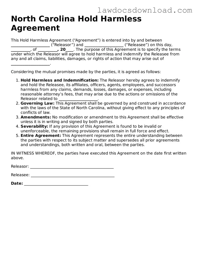 Legal North Carolina Hold Harmless Agreement Form