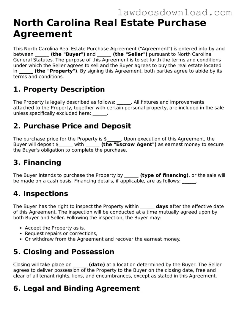 Legal North Carolina Real Estate Purchase Agreement Form
