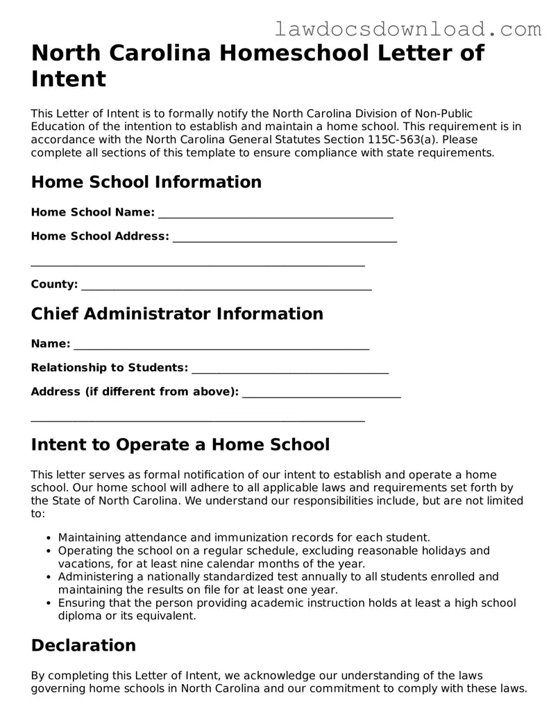 Legal North Carolina Homeschool Letter of Intent Form