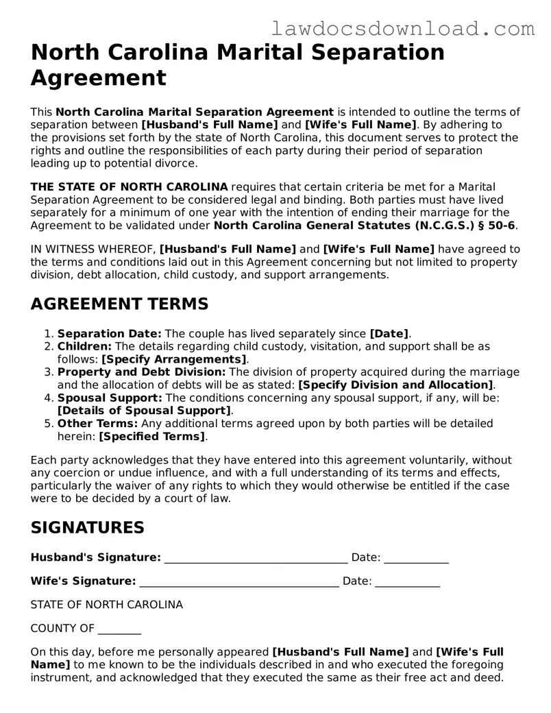 Legal North Carolina Marital Separation Agreement Form