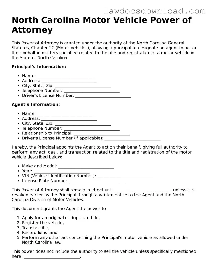 Legal North Carolina Motor Vehicle Power of Attorney Form