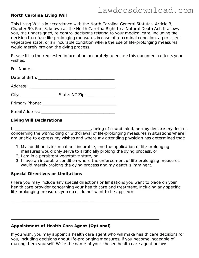 Legal North Carolina Living Will Form