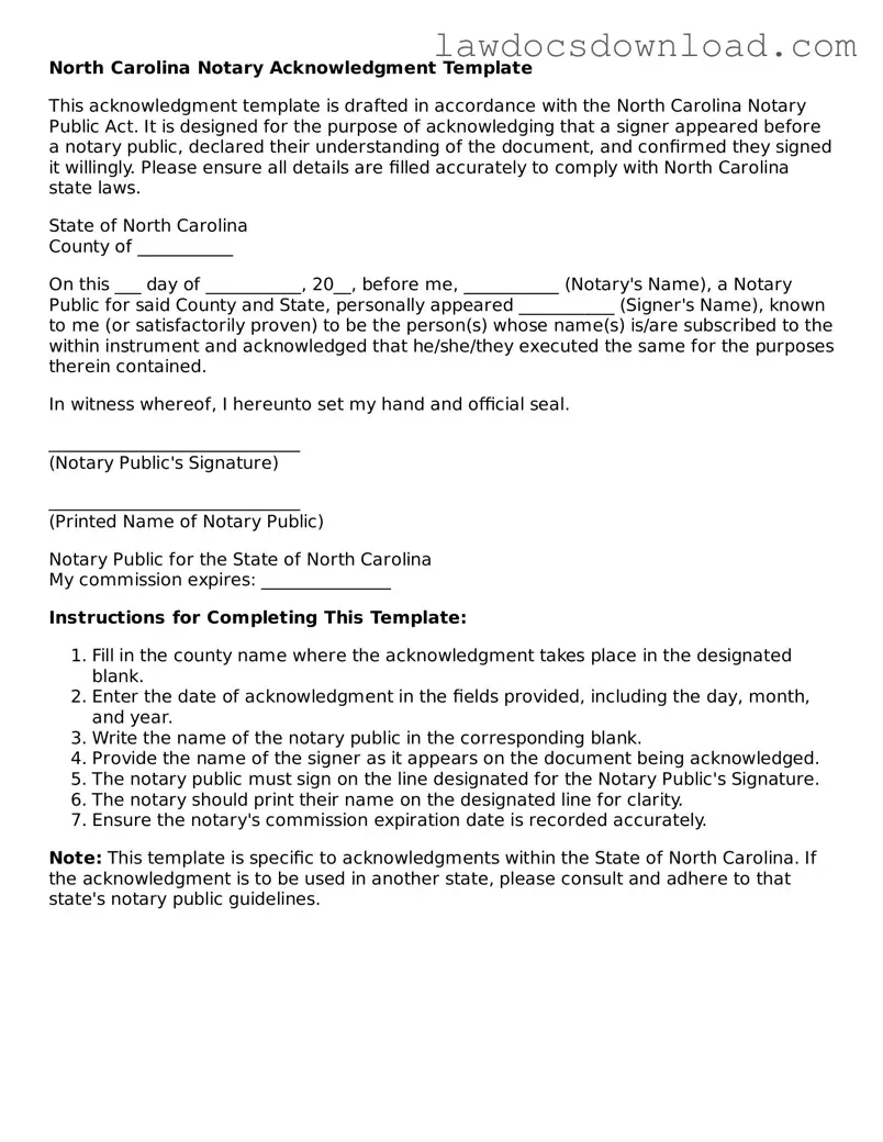 Legal North Carolina Notary Acknowledgement Form
