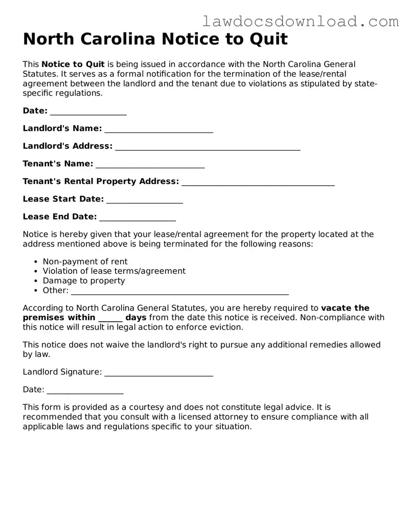 Legal North Carolina Notice to Quit Form