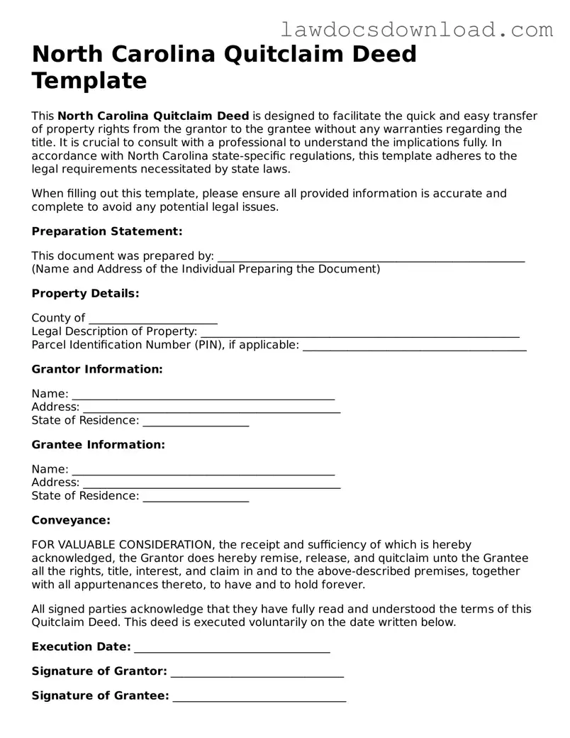 Legal North Carolina Quitclaim Deed Form
