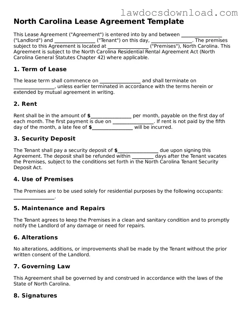 Legal North Carolina Lease Agreement Form
