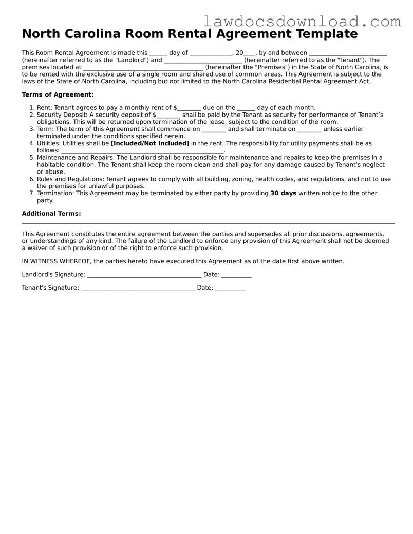 Legal North Carolina Room Rental Agreement Form