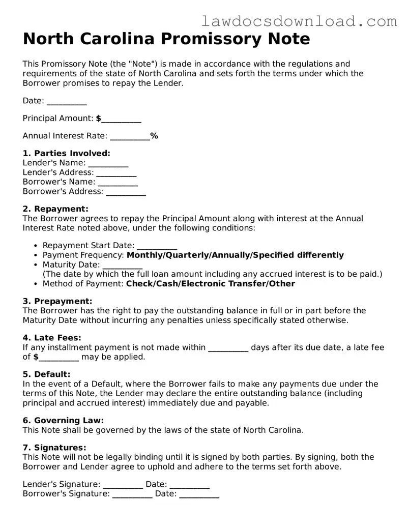 Legal North Carolina Promissory Note Form