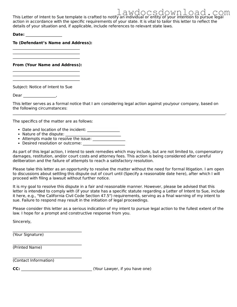 Blank Letter of Intent to Sue Template