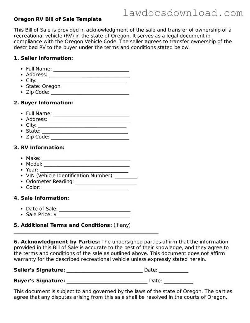 Legal Oregon RV Bill of Sale Form