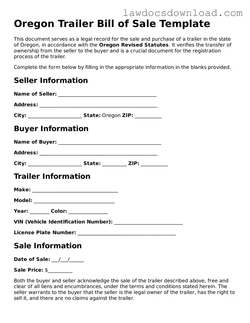 Legal Oregon Trailer Bill of Sale Form