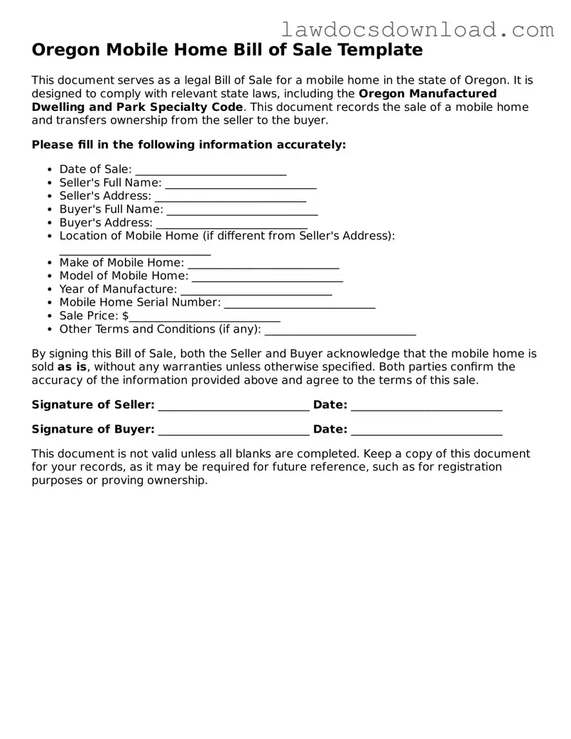 Legal Oregon Mobile Home Bill of Sale Form
