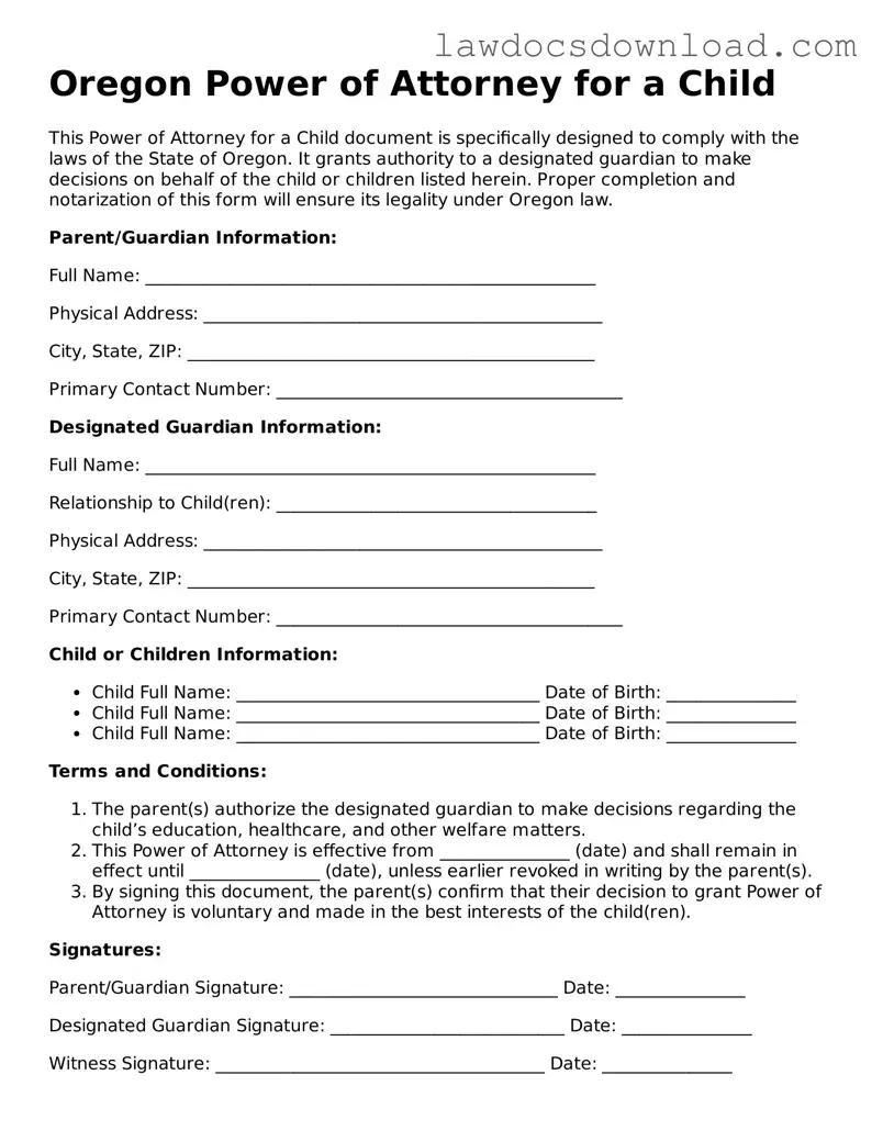 Legal Oregon Power of Attorney for a Child Form