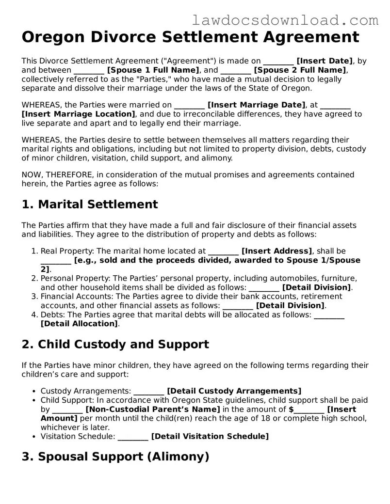 Legal Oregon Divorce Settlement Agreement Form